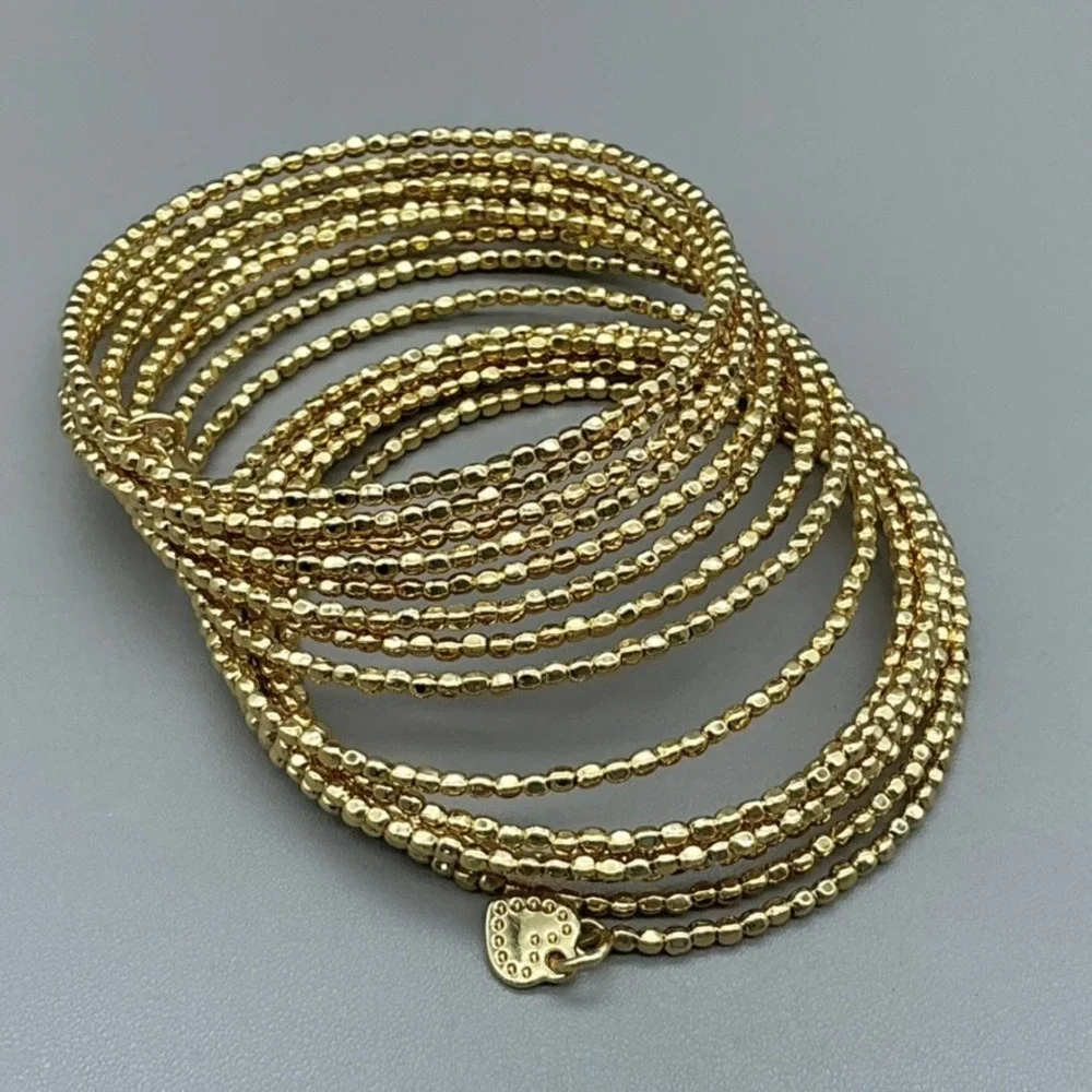 Bracelet Women Gold Tone Beaded Multi Strand Heart Charm Wrap Cuff 7.25 In